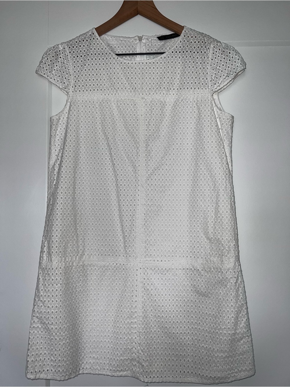 White cotton eyelet shift dress, size medium